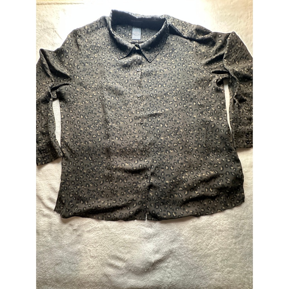 Chelsea & Theodore XXL Olive Green Leopard Print Button Down Blouse 2635011 - 28